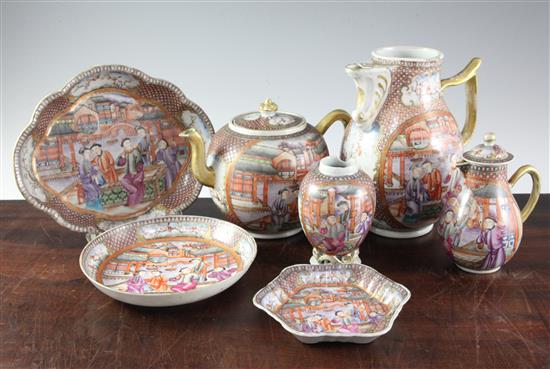 A Chinese famille rose Mandarin part tea set, Qianlong period, height 18.5cm (9)